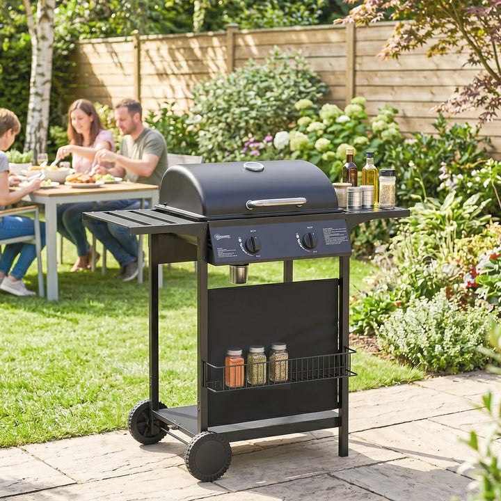 Gasgrill 5 KW 2 brændere BBQ grillvogn rustfrit stål inkl. sidebord, nederste kurv, frontlåg, termometer, emaljeret grillrist