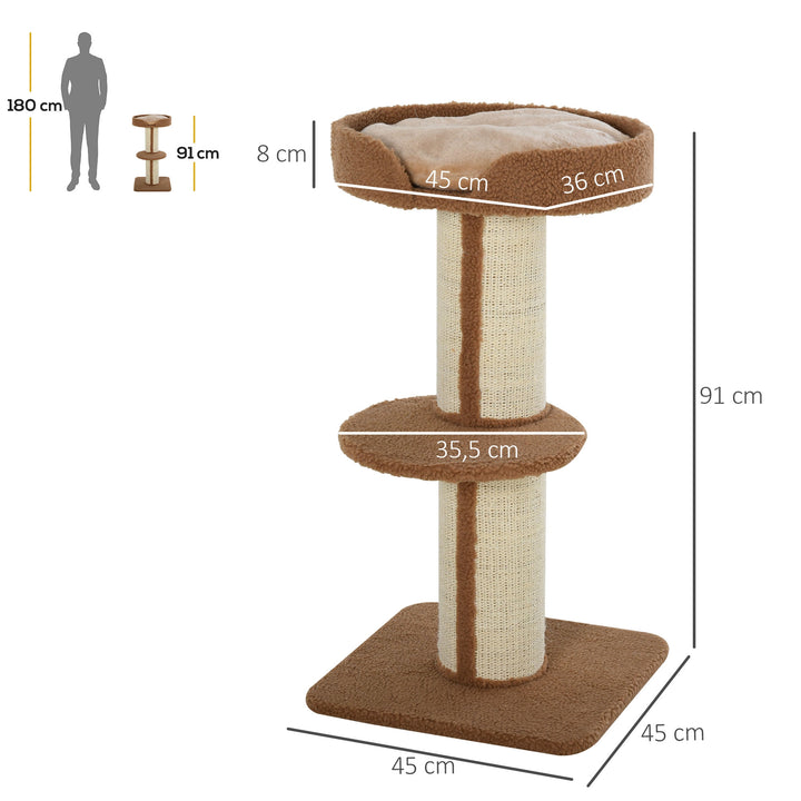 Kradsetræ 91 cm kattetårn med sisalstolper, platform, hynde, kradsetræ i flere niveauer, klatretræ, til mellemstore katte, lysebrun