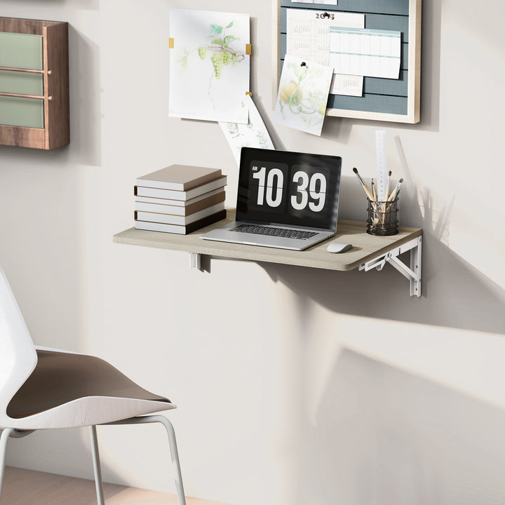 Vægmonteret klapbord, 60x40 cm, pladsbesparende svævende skrivebord med afrundede hjørner, til hjemmekontor, stue, soveværelse, køkken, egetræ