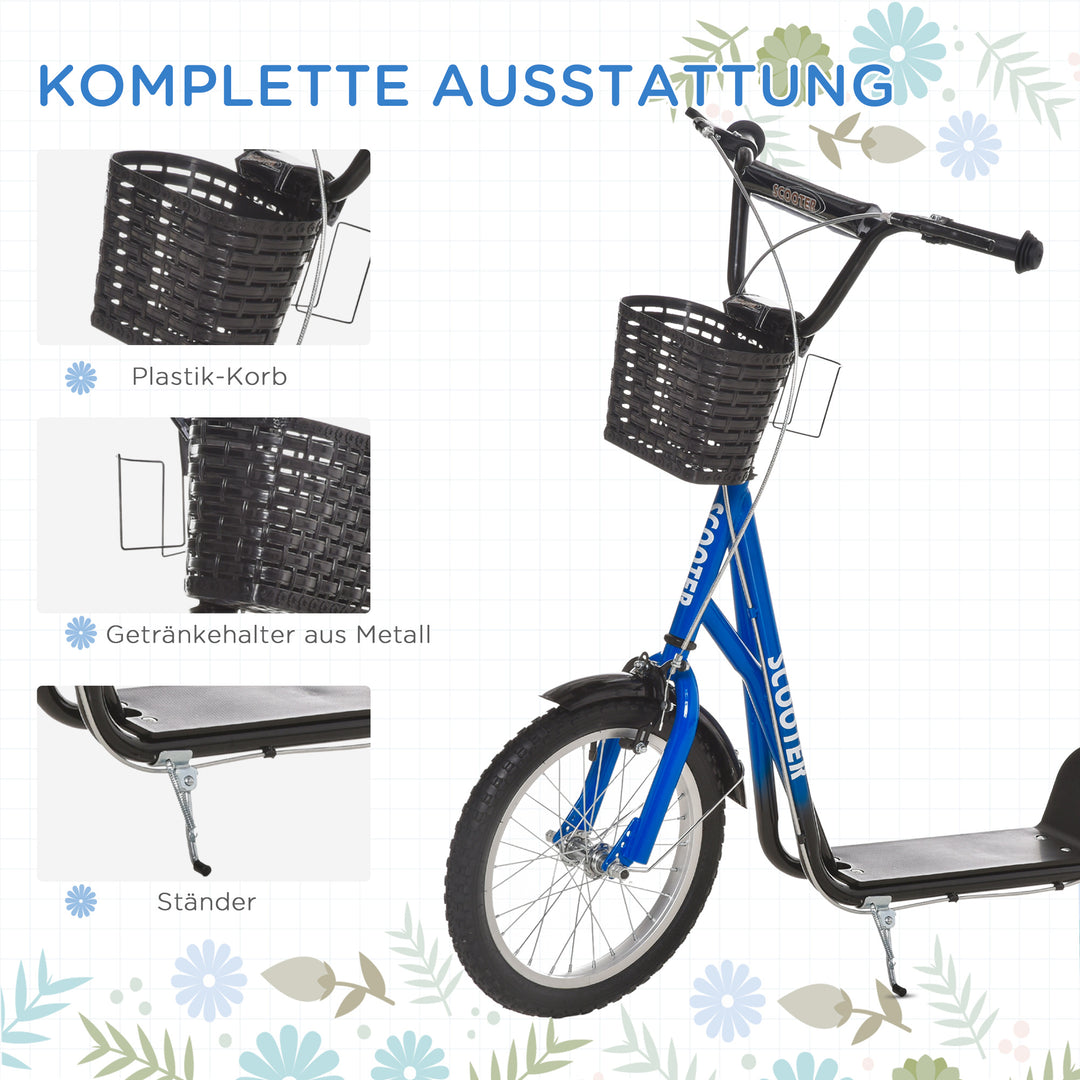 Børnescooter, løbehjul med bremse, inklusive kurv, højdejusterbar, til børn 5-12 år, blå+sort