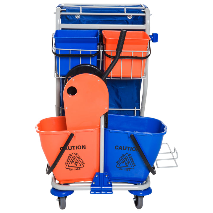Rengøringsvogn med 2 x 18L og 2 x 6L spande, moppevogn, husholdningsvogn med moppepresse, opbevaringskurv, blå/orange, 93 x 80 x 97 cm