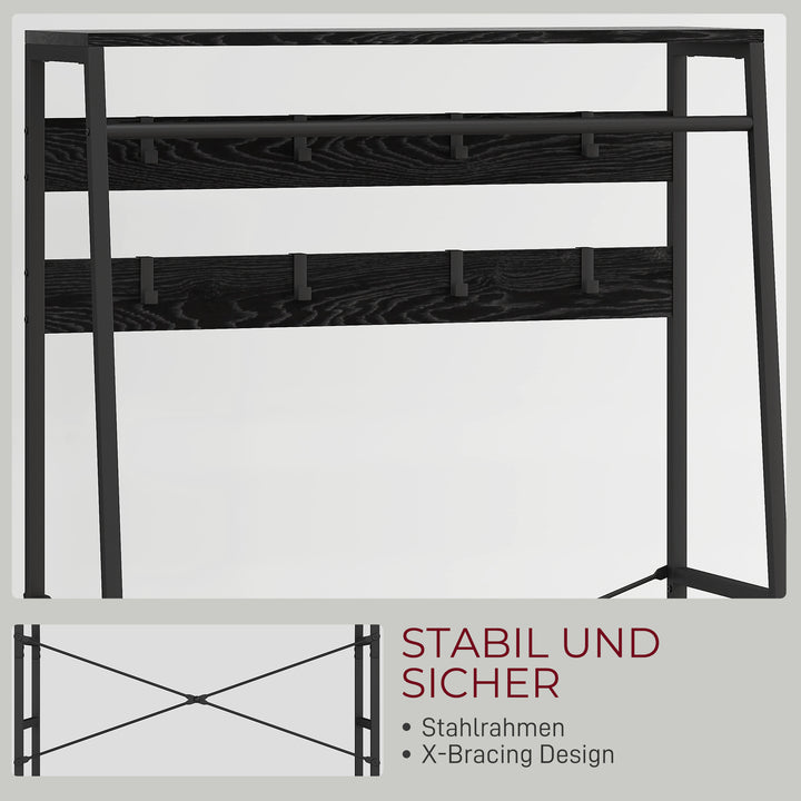 Knagerække med skohylde, tøjstativ i industrielt design, 2 stofskuffer, 8 kroge, metalramme, sort