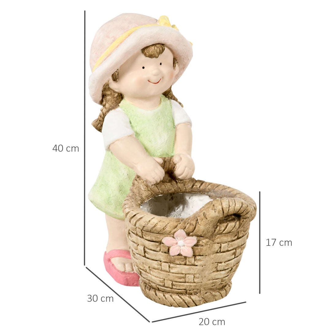 Havefigur "Pige med blomsterkurv", havedekoration, vejrbestandig, 20 cm x 30 cm x 40 cm