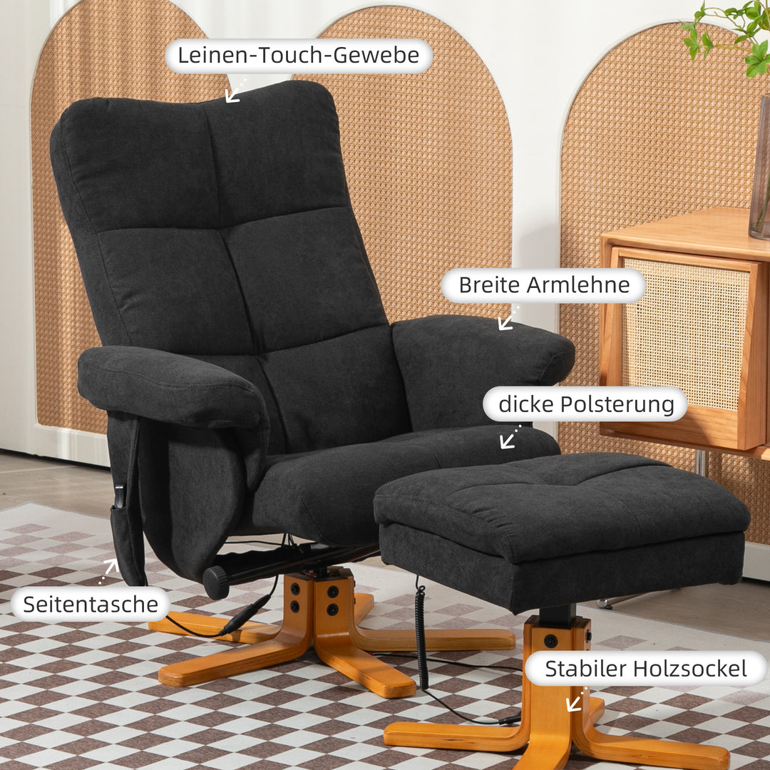Massagestol med lænefunktion og fodskammel, 145° vipning, polyester, 80 x 86 x 99 cm, sort