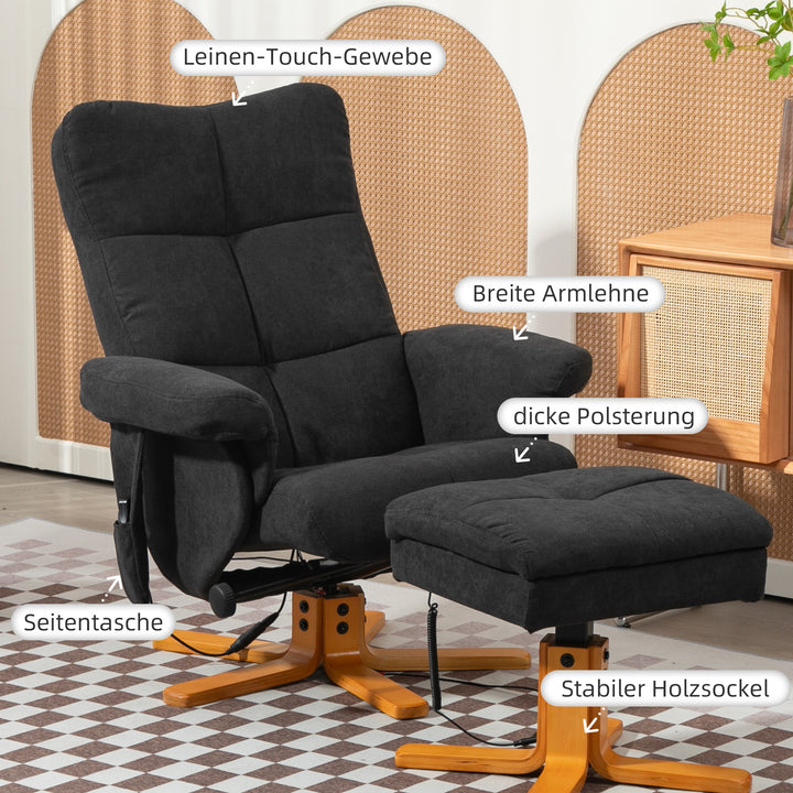 Massagestol med lænefunktion og fodskammel, 145° vipning, polyester, 80 x 86 x 99 cm, sort