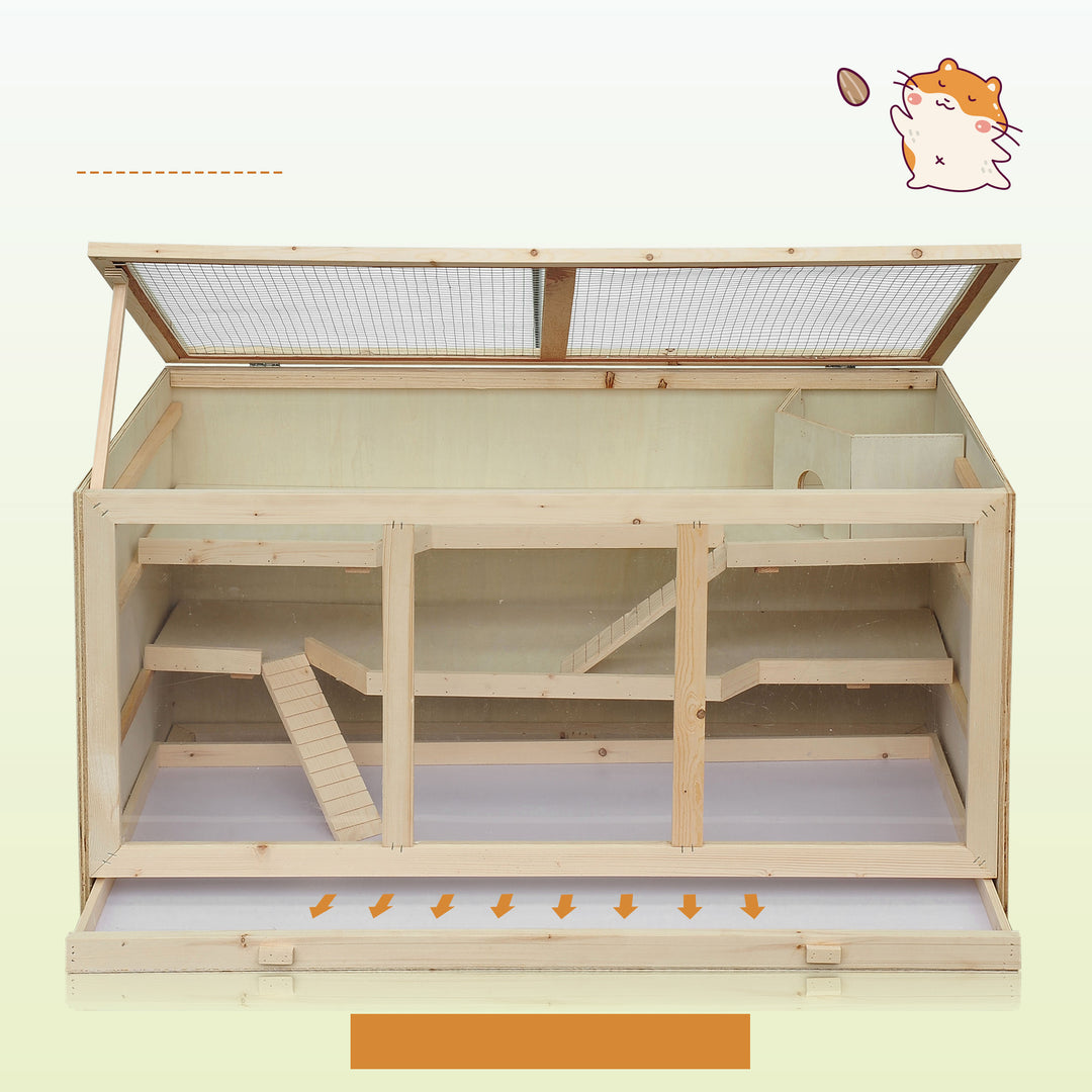 Hamsterbur af træ, 3 niveauer, gnaverbur med rengøringsbar hylde, smådyrsbur med foldelåg, trappe, træbur, bur til hamstere, dværghamstere, 115 x 57 x 55 cm, naturtræ