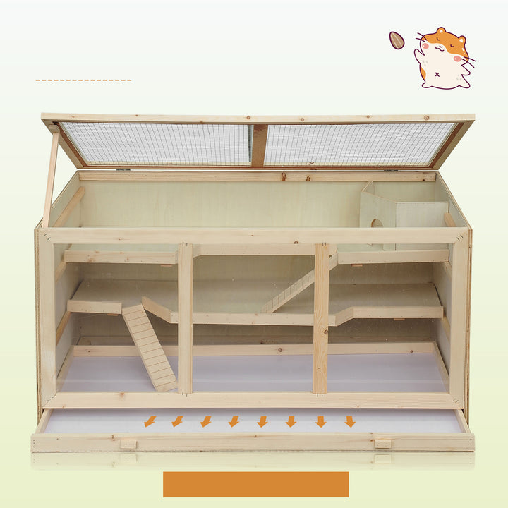 Hamsterbur af træ, 3 niveauer, gnaverbur med rengøringsbar hylde, smådyrsbur med foldelåg, trappe, træbur, bur til hamstere, dværghamstere, 115 x 57 x 55 cm, naturtræ
