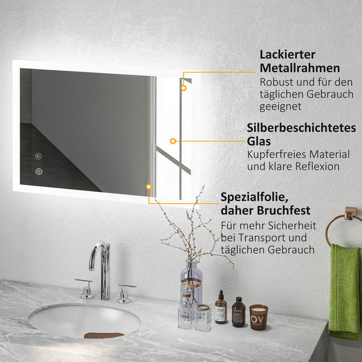 Kleankin led badeværelsesspejl, baggrundsbelyst, touchfunktion, hukommelsesfunktion, dugfri, 70 x 50 cm