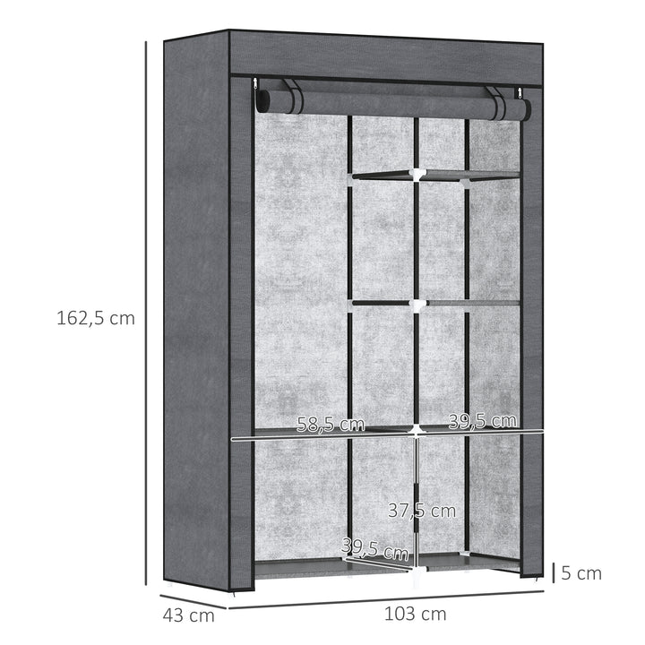Stofgarderobe, opbevaringsløsning, 6 hylder, 1 bøjlestang, mørkegrå