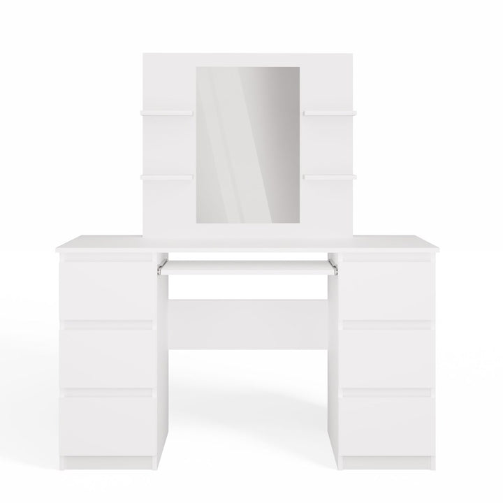 Elegant sminkebord med spejl og 4 hylder, hvid