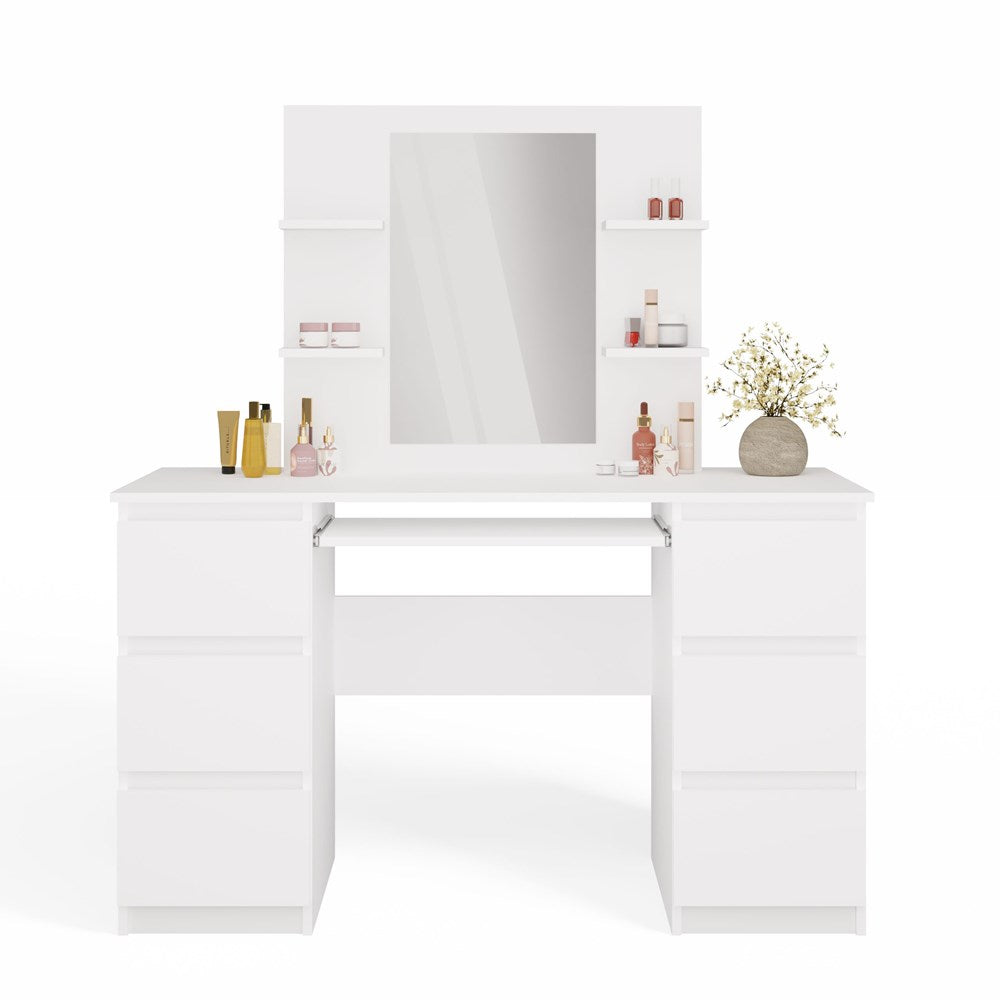 Elegant sminkebord med spejl og 4 hylder, hvid