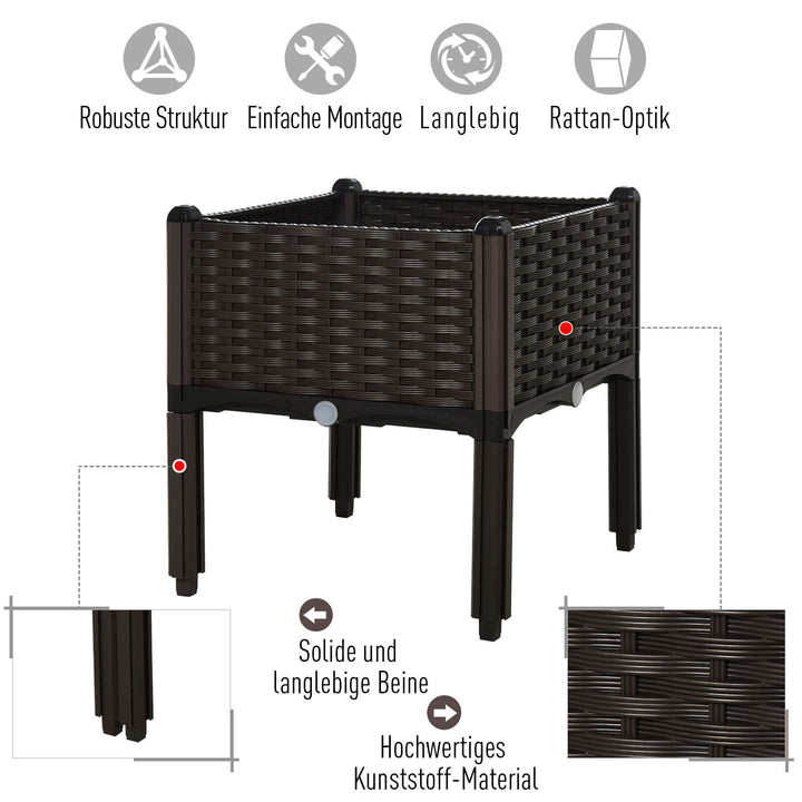 Højbed, plantekasse med drænhuller, blomsterkasse i rottinglook, plastik, brun, 40 x 40 x 44 cm