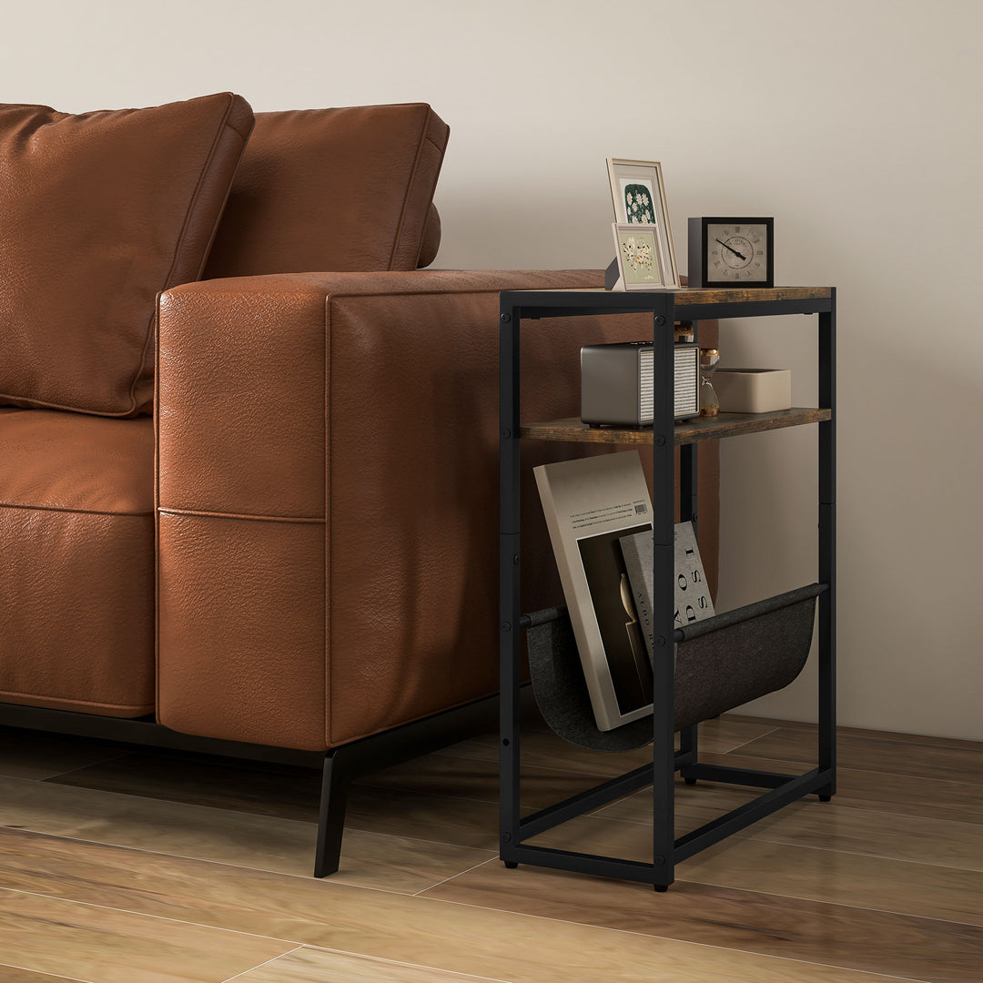 Sidebord, sofabord med 3-lags hylde, V-formet magasinholder, 43 x 18 x 56 cm, rustik brun