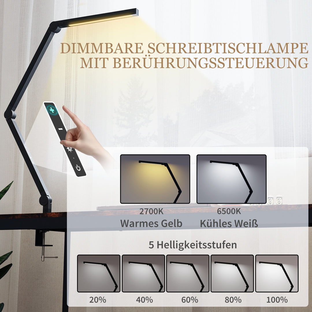 Skrivebordslampe, justerbar lysstyrke og farve, metalklemme, 96 LED'er, sort