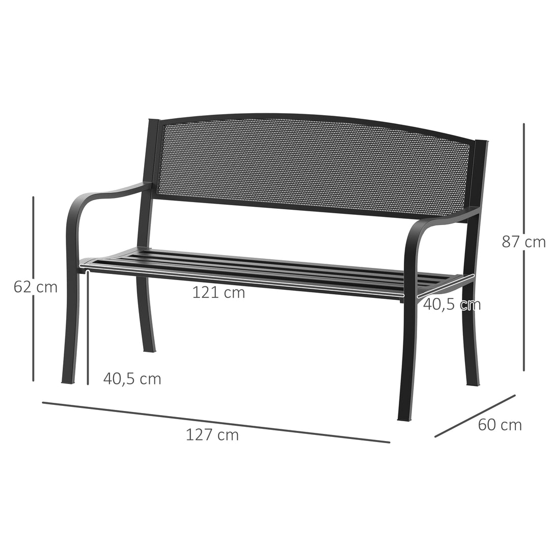 Havebænk, parkbænk, 2-personers, stål, sort, B127 x D60 x H87 cm