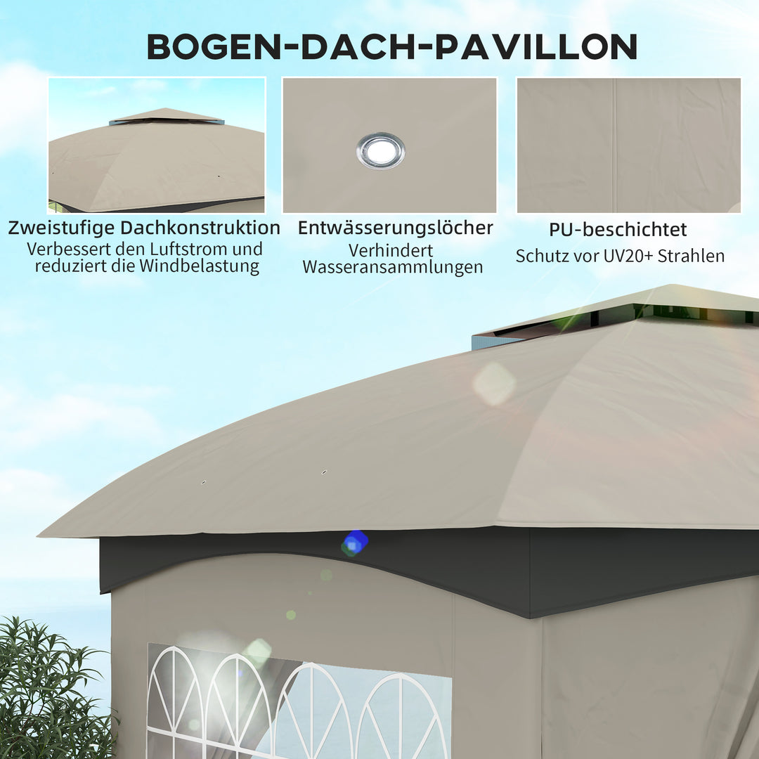 3,4 X 3,4 m havepavillon, øltelt med ventileret tag, buede vinduer, stålramme, lysegrå