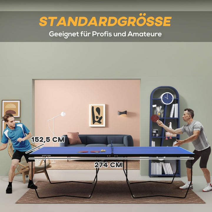 Bordtennisbord, foldbart, 8 hjul, pulverlakeret stålramme, mdf, 274 x 152,5 x 76 cm, blå