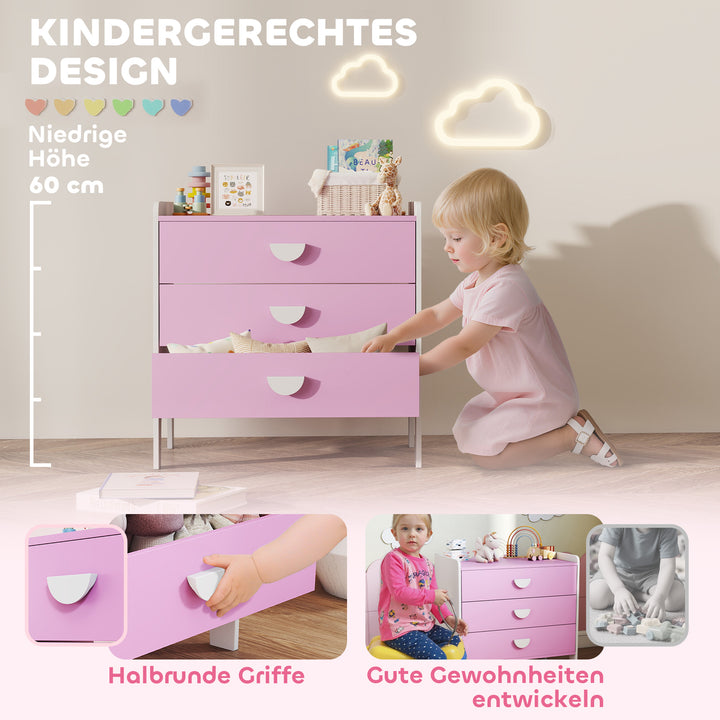 Børnekommode med 3 skuffer, mdf, opbevaringsskab til børn, pink+hvid