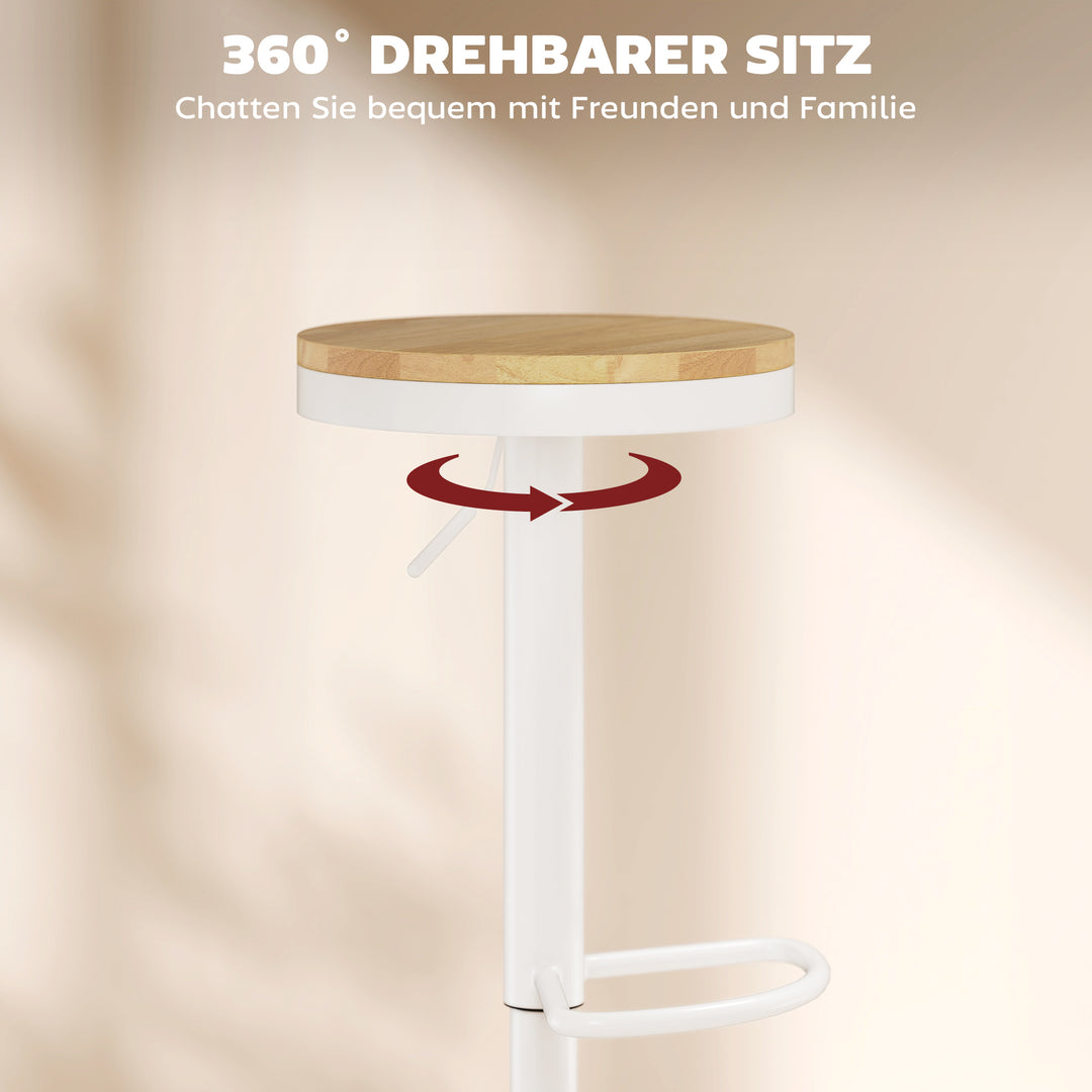 Barstolsæt med 2, højdejusterbar, 360° drejelig, med stålstel og fodstøtte, 38,5x38,5x60-80 cm, naturtræ + hvid