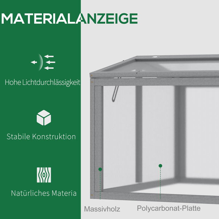 Koldrammedrivhus, koldrammeplantebed med overdækning af træ og polycarbonat, vejrbestandig, lysegrå, 90 x 80 x 58 cm