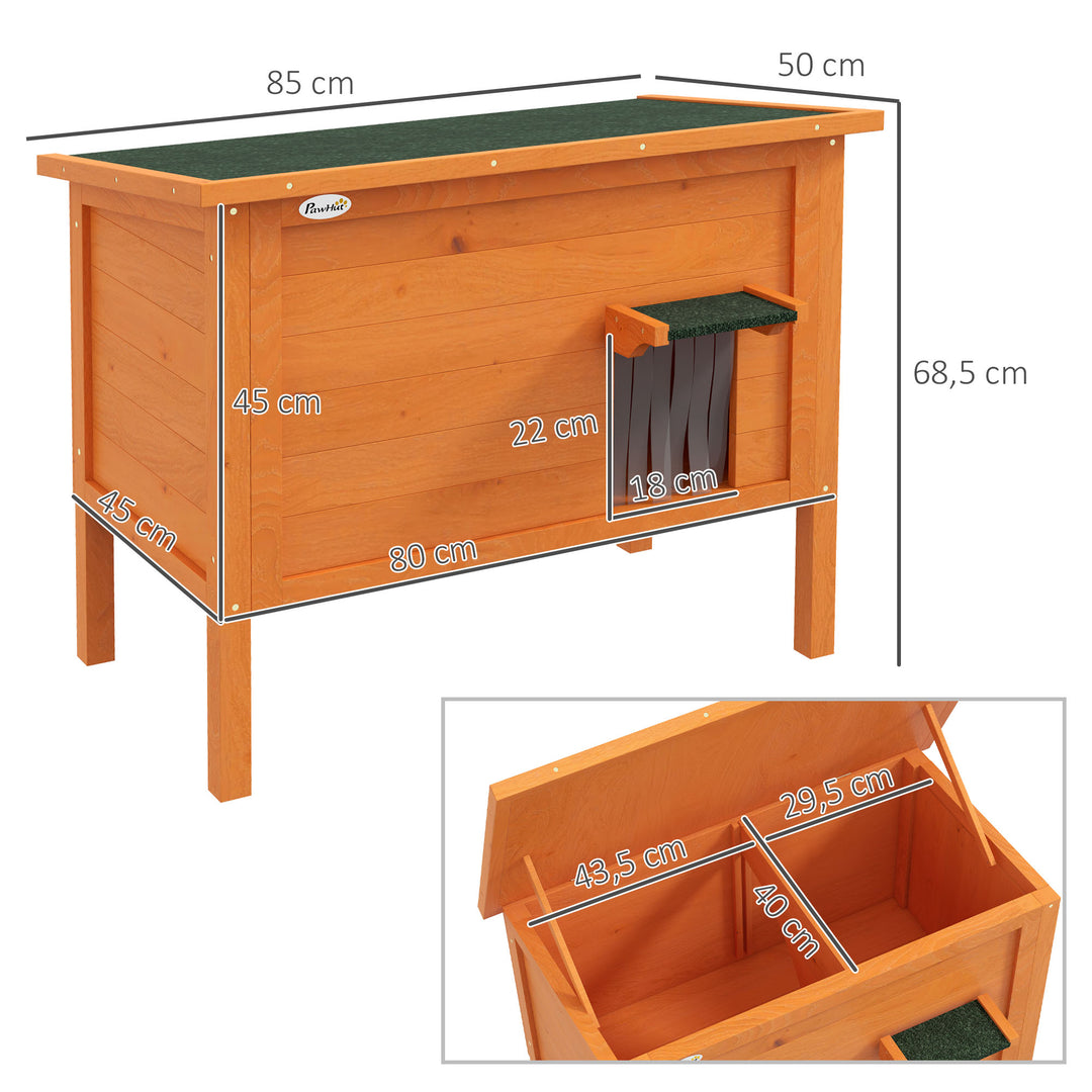 Kattehus udendørs, vejrbestandig, 1 vindue, 1 indgang, 85 x 50 x 68,5 cm, orange+grøn