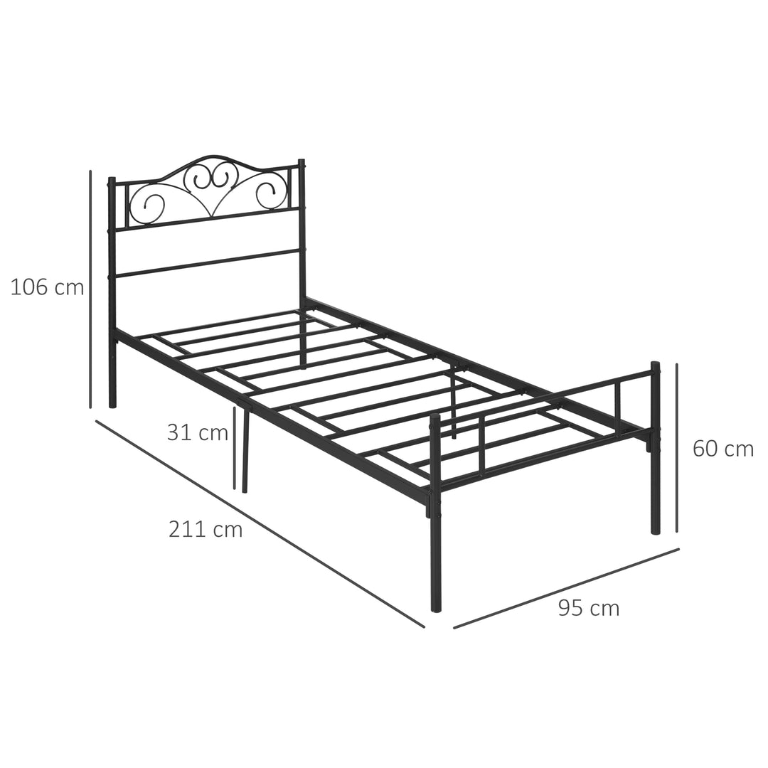 Seng 90 x 200 cm stål med lamelbund, hovedgærde og fodgærde, 31 cm høj, sort