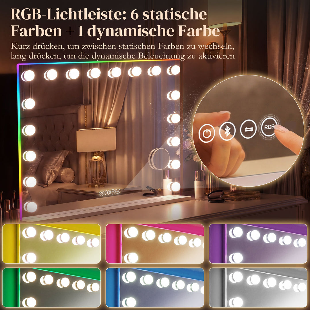 Hollywood makeupspejl med 18 dæmpbare LED-lys, 3 farver, RGB-lys, Bluetooth-højttaler, 10x forstørrelse, hvid