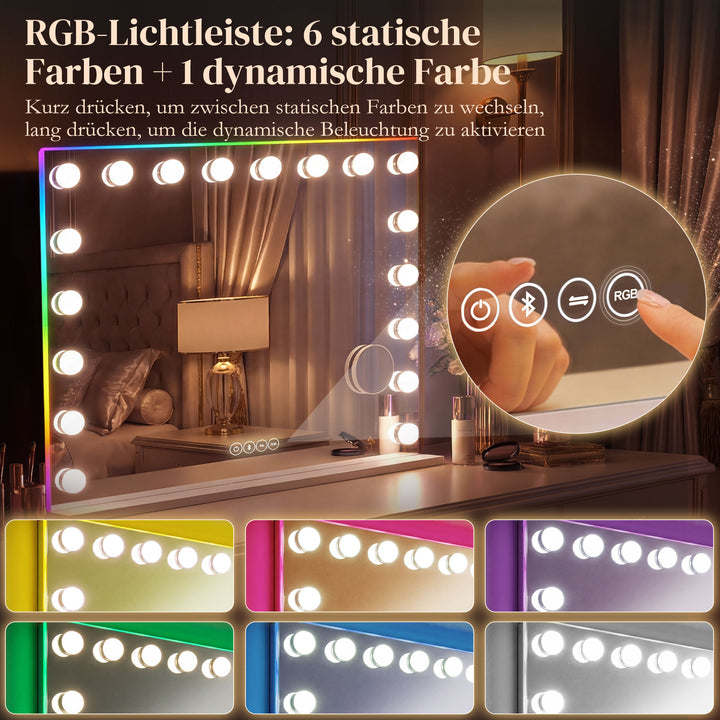 Hollywood makeupspejl med 18 dæmpbare LED-lys, 3 farver, RGB-lys, Bluetooth-højttaler, 10x forstørrelse, hvid