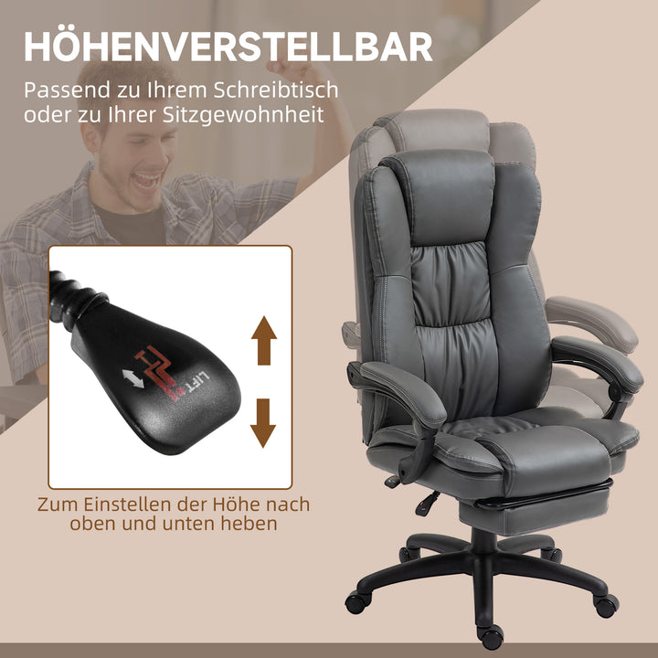 Justerbar drejestol med fodstøtte, nakkestøtte, massagefunktion, kunstlæder, 68,5 x 68,5 x 113-121 cm, mørkegrå