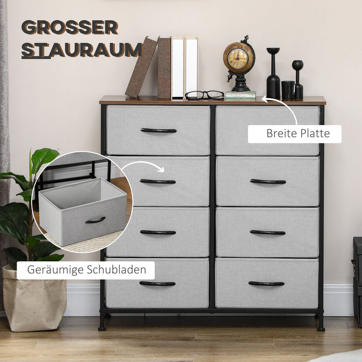 Kommode med 8 stofskuffer, metalramme, hylde, 80 x 30 x 81,5 cm, grå/sort