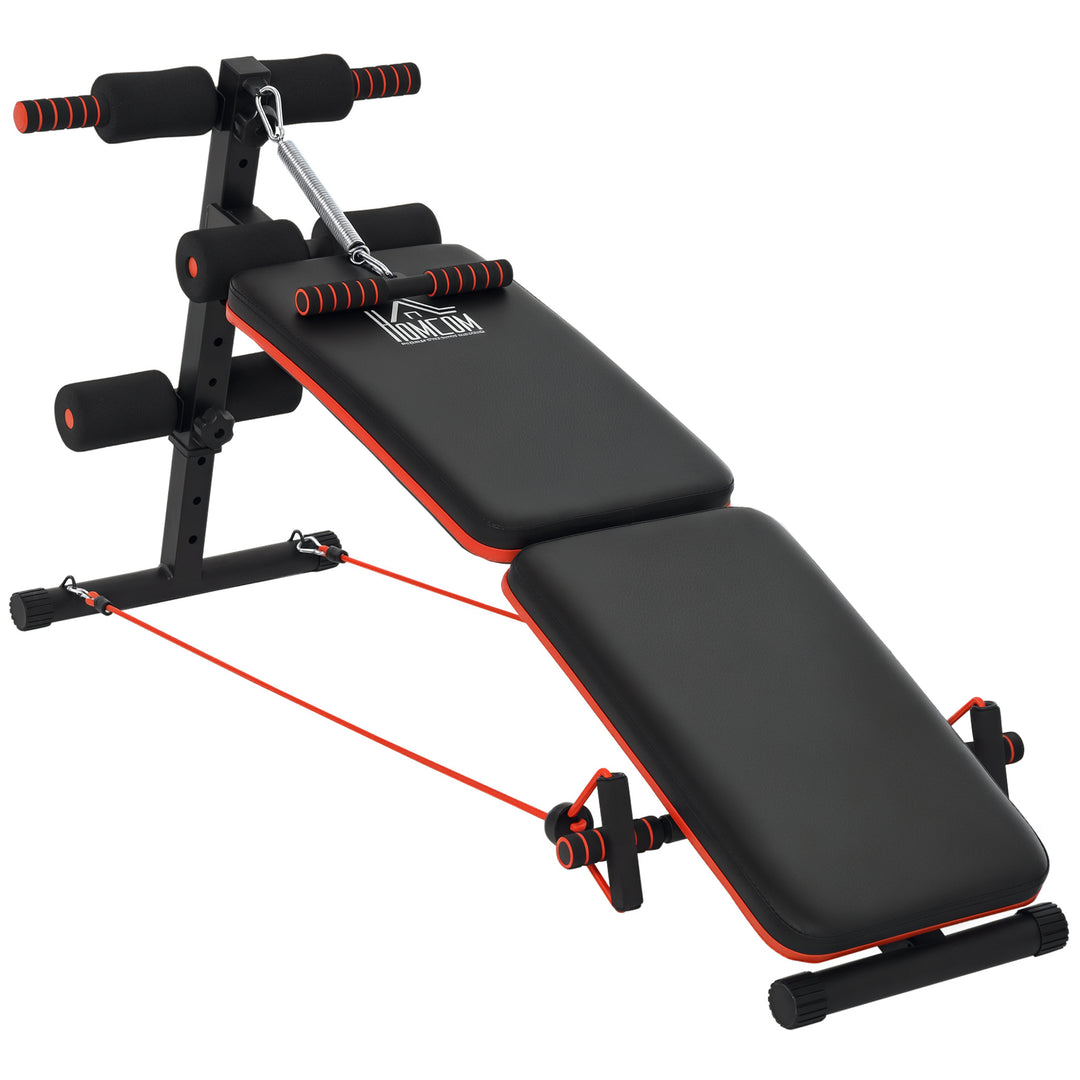 Sit-up bænk, mavetræner med træningsreb, multifunktionel træningsbænk, justerbar og foldbar, 110 kg lasteevne, stål, sort og rød, 137 x 51 x 50-66 cm