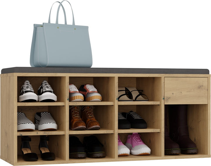 Åben skobænk med skuffe, naturfarvet