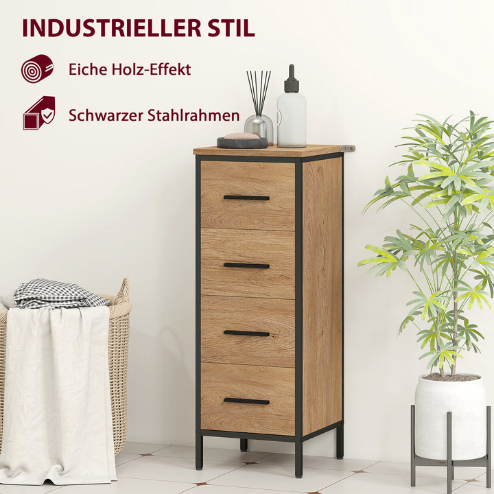 Badeværelsesskab, 4 skuffer, kompakt, industriel stil, spånplade, metal