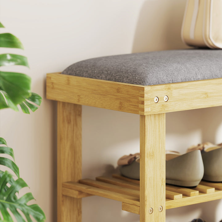 Skobænk med sæde, bambusbænk med opbevaring, 2 åbne rum, bænk 60 x 29 x 49 cm grå