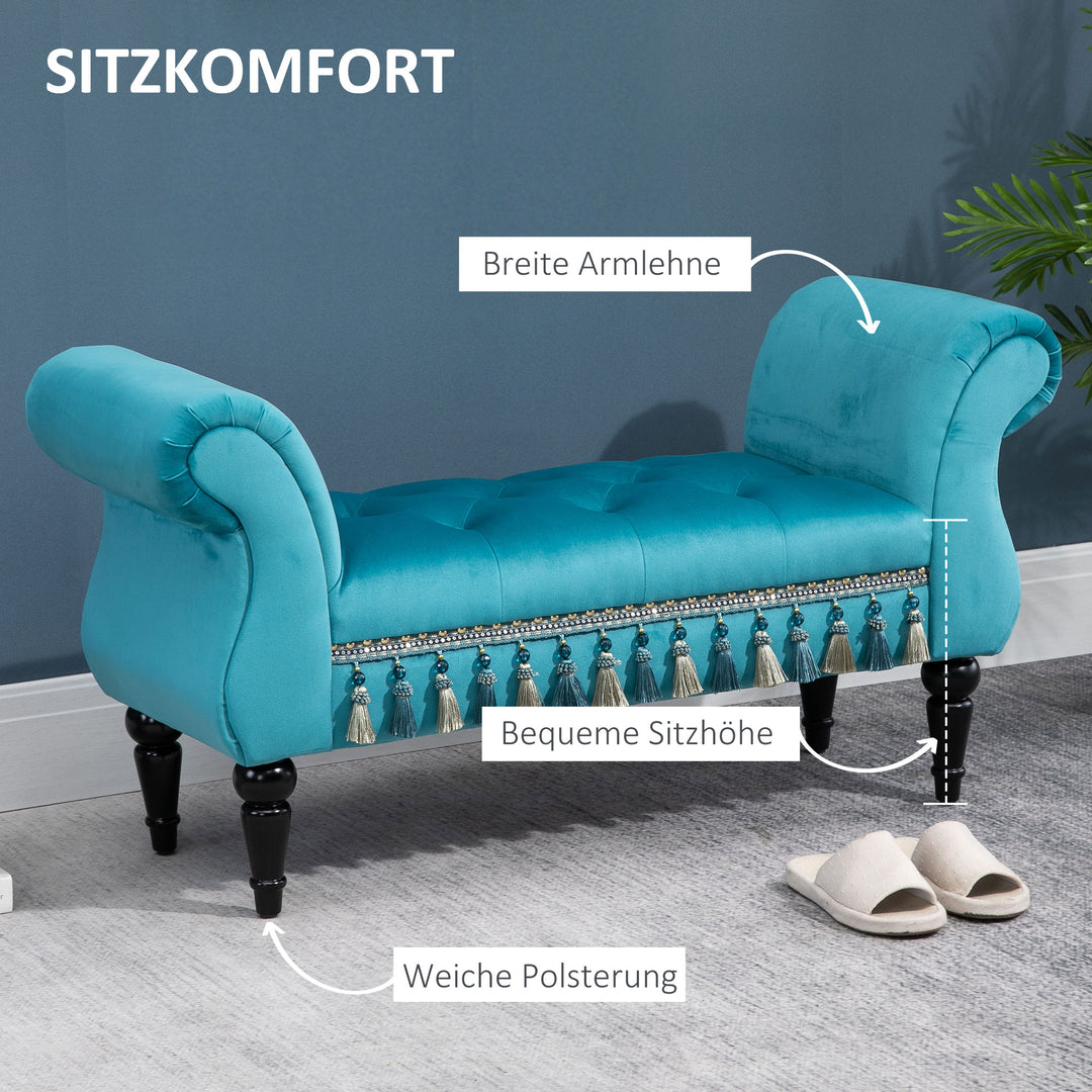 Polstret bænk, fløjlslook, luksuriøs sengebænk med træben, entrébænk til soveværelse, lasteevne op til 150 kg, blå, 117 x 40 x 58 cm