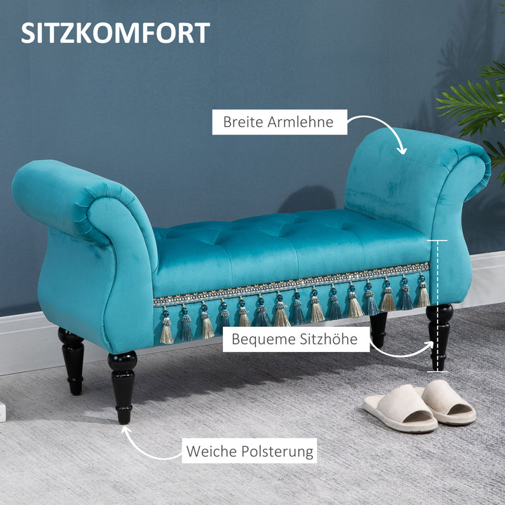 Polstret bænk, fløjlslook, luksuriøs sengebænk med træben, entrébænk til soveværelse, lasteevne op til 150 kg, blå, 117 x 40 x 58 cm