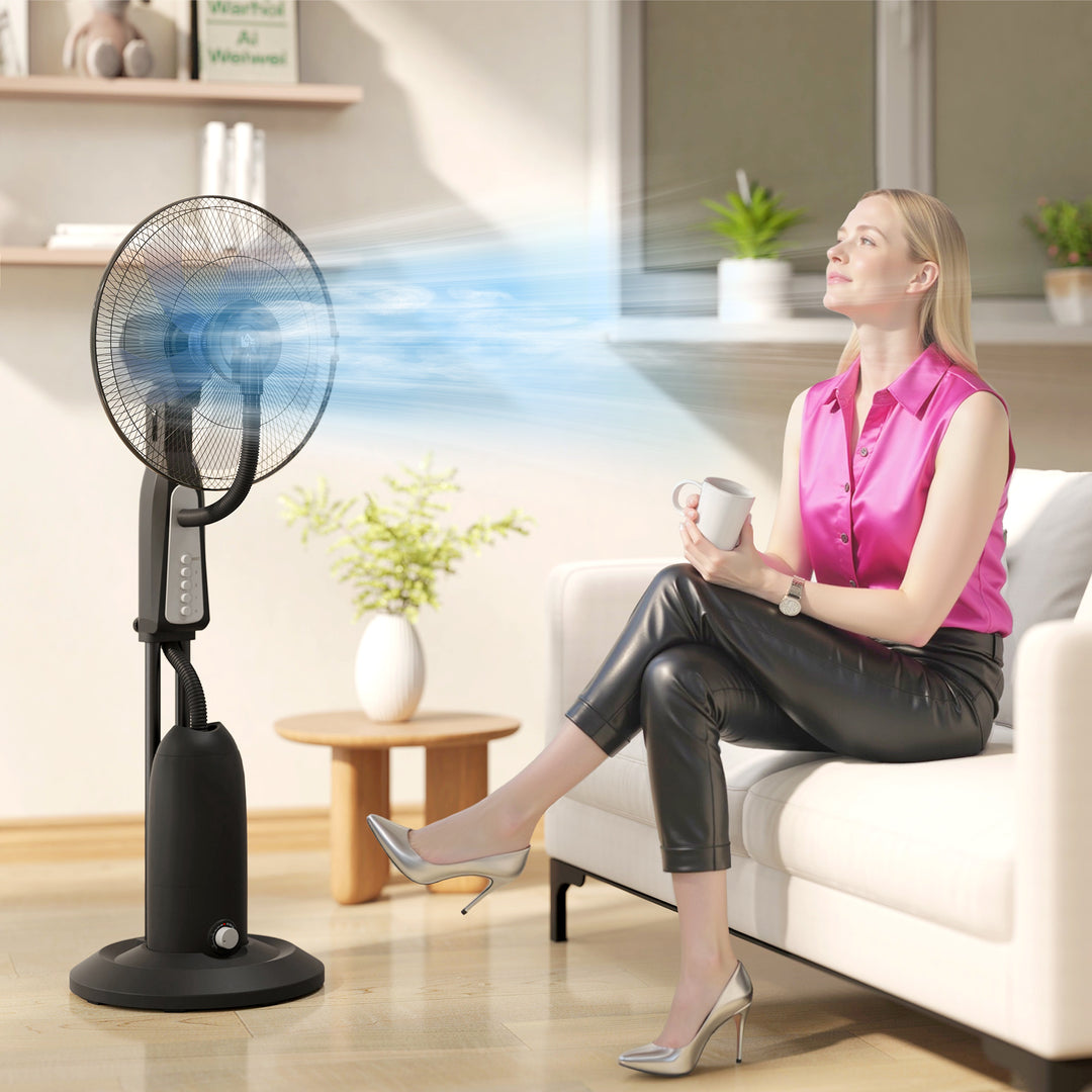 Ventilator med dugfunktion, 3-liters tank, 75 grader roterbar, 3 hastigheder, mobil, 125 cm, sort