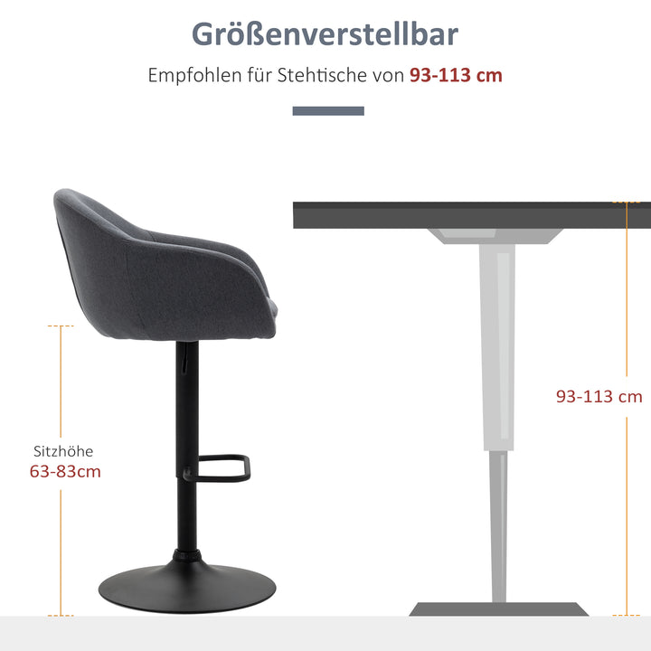 Højdejusterbar barstol med ryglæn og fodstøtte; linnedlook, 54 cm x 54 cm x 112 cm, grå