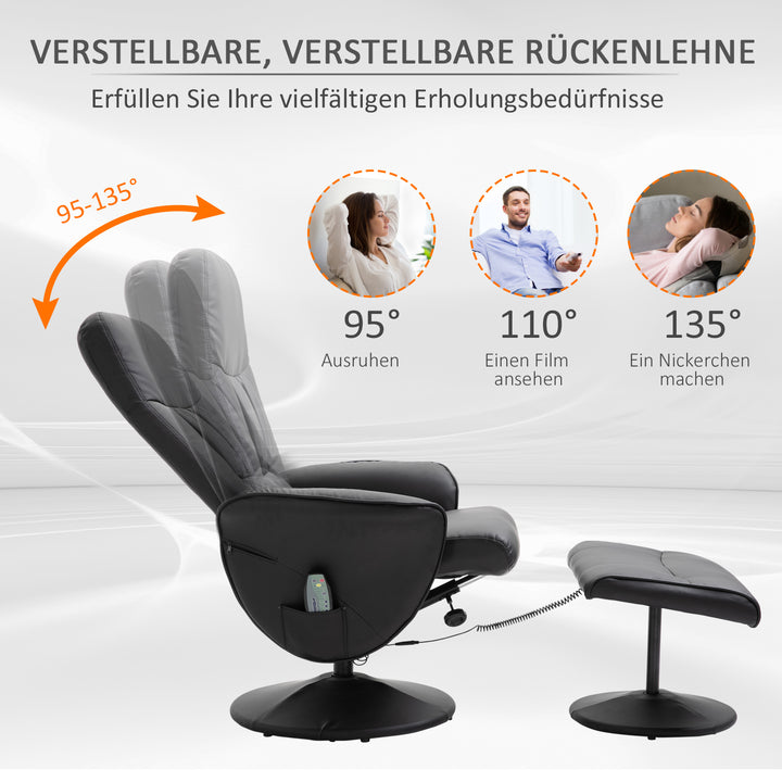 Lænestol med fodskammel, elektrisk massagestol med lænefunktion, 10 massagepunkter, drejelig tv-stol med sidelomme, fjernbetjening, kunstlæder, sort