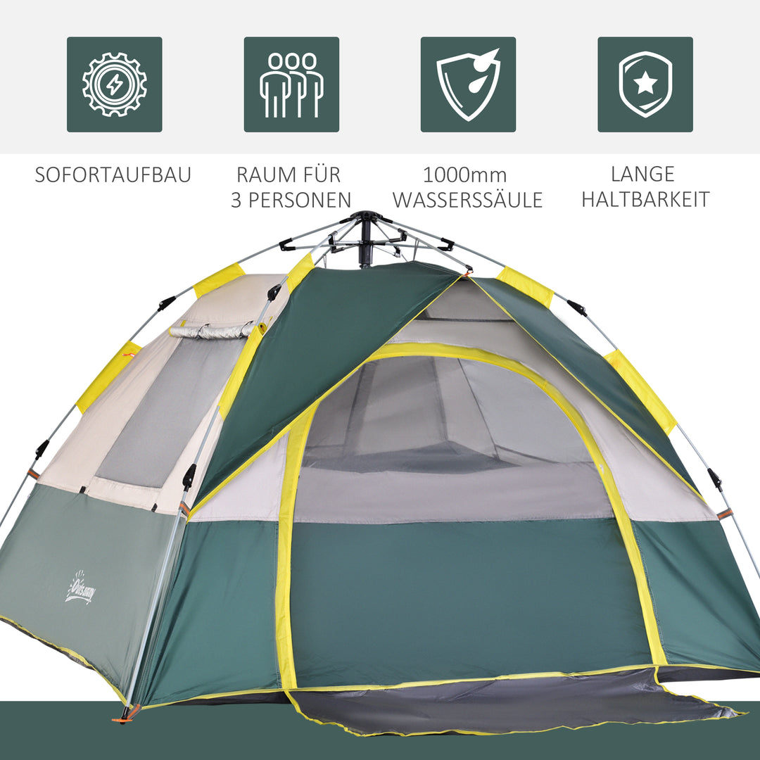 Campingtelt til 3 personer, pop-up kuppeltelt med vindue, bæretaske, pløkker, bund, familietelt med 1000 mm vandsøjle, telt til camping, rejser, trekking, have
