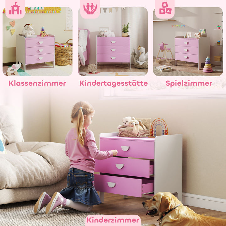 Børnekommode med 3 skuffer, mdf, opbevaringsskab til børn, pink+hvid