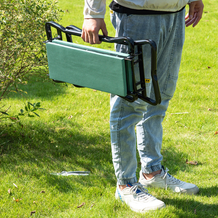 Knæbænk til havearbejde, foldbar haveskammel, havebænk, knæstøtte op til 150 kg, EVA-skum, stål, mørkegrøn, 58 x 28 x 49 cm