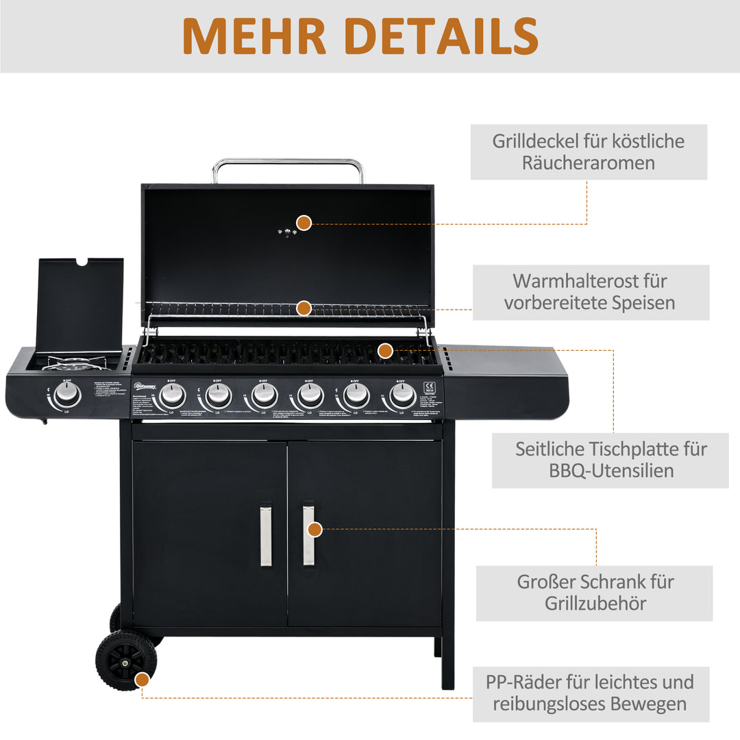 Gasgrill med 7 brændere, inklusive termometer, BBQ-grill, bærbar grill, sort
