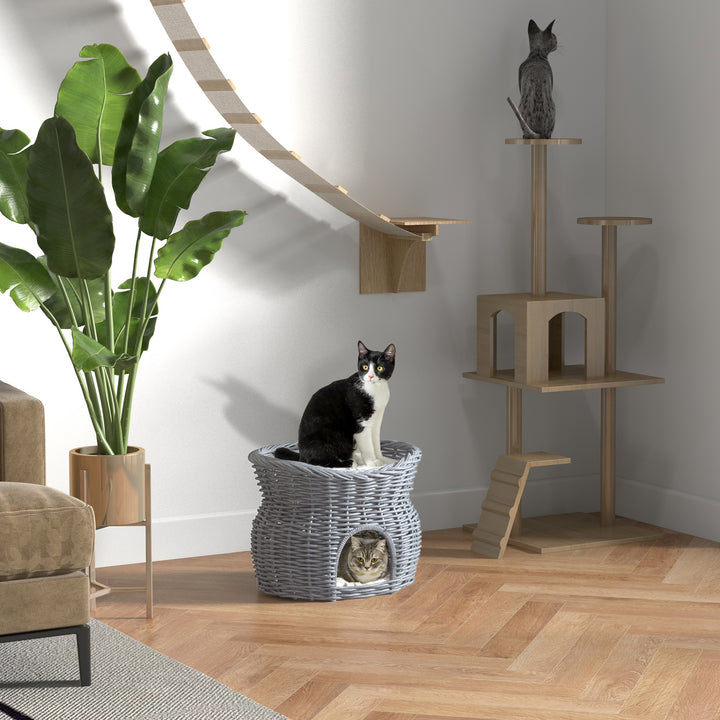 Rattan flettet kattekurv kattehus med 2 bløde puder kattekurv kæledyrsseng lavet af vandhyacint til stue grå 56 x 37 x 40 cm