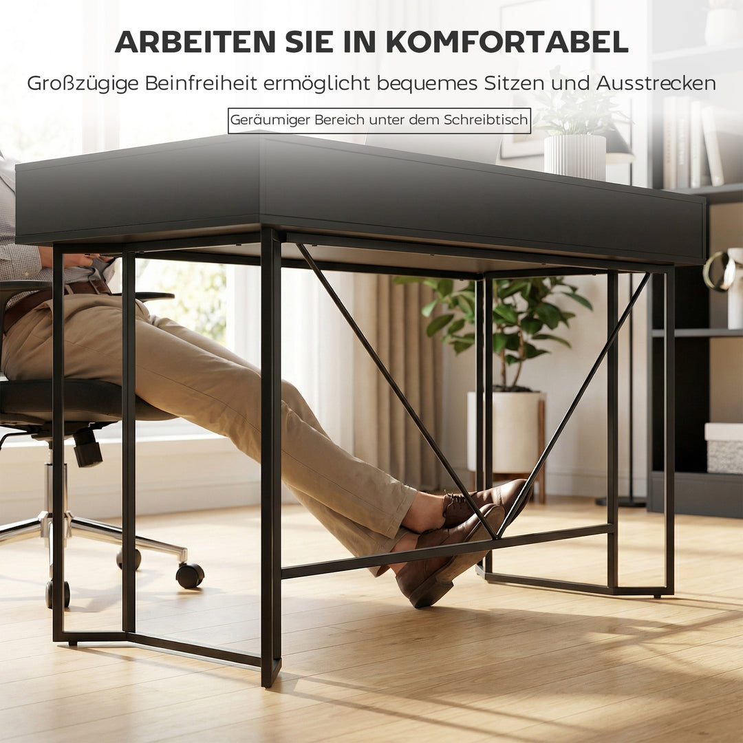 Lille computerbord med 2 skuffer, skrivebord med stor arbejdsflade 120 x 60 x 77 cm Sort