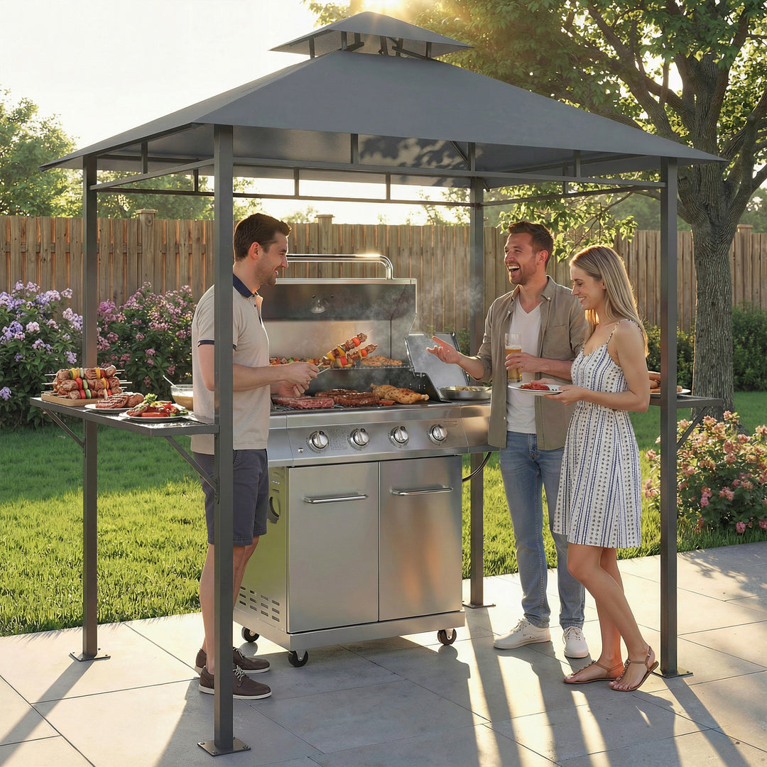 Grillpavillon 2,4 x 1,4 m, vindtæt grillly med dobbelttag, ventilationsåbning, sidehylder