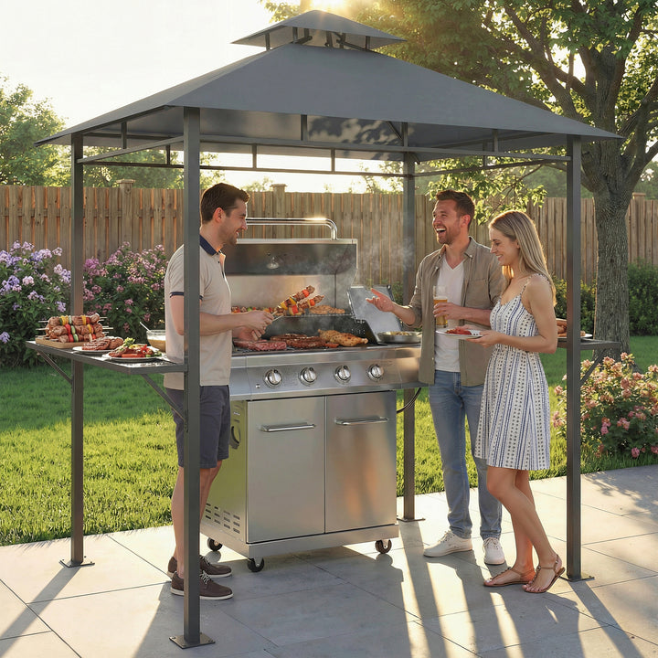 Grillpavillon 2,4 x 1,4 m, vindtæt grillly med dobbelttag, ventilationsåbning, sidehylder