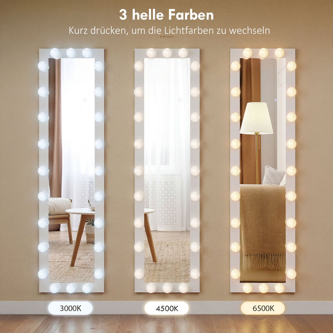 Helfigursspejl 150x40 cm LED-spejl med 24 lyspærer, 3 lysfarver, fritstående eller lænende, hvid