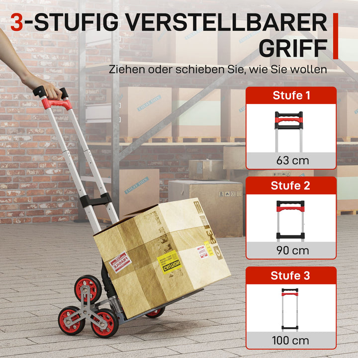 Sammenklappelig trappevogn, 6-hjulet system, lasteevne 70 kg, aluminium, rød