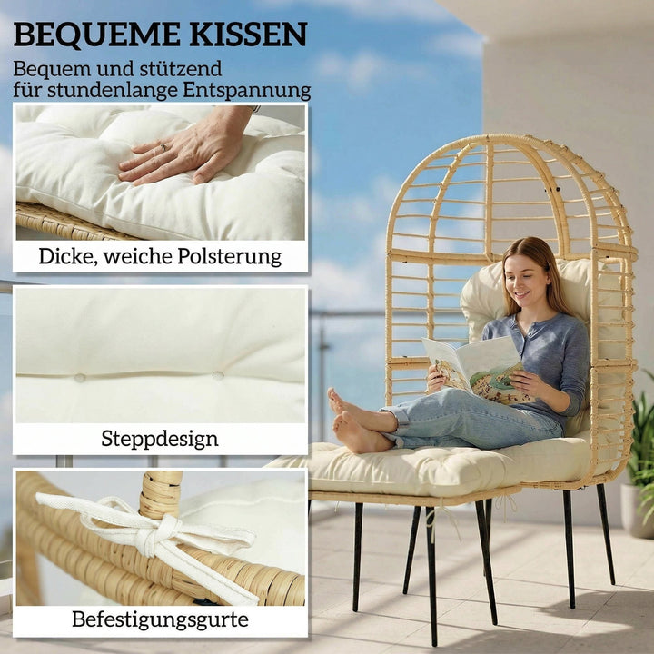 Havestol med fodskammel, ægformet fletstol i PE-rattan med lange og tykke hynder, metalstel, beige